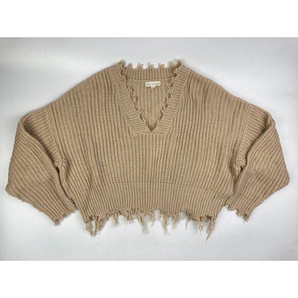 Coco + Jaimeson Women's L Beige V-Neck Crop Raw Edge Sweater - Picture 1 of 3